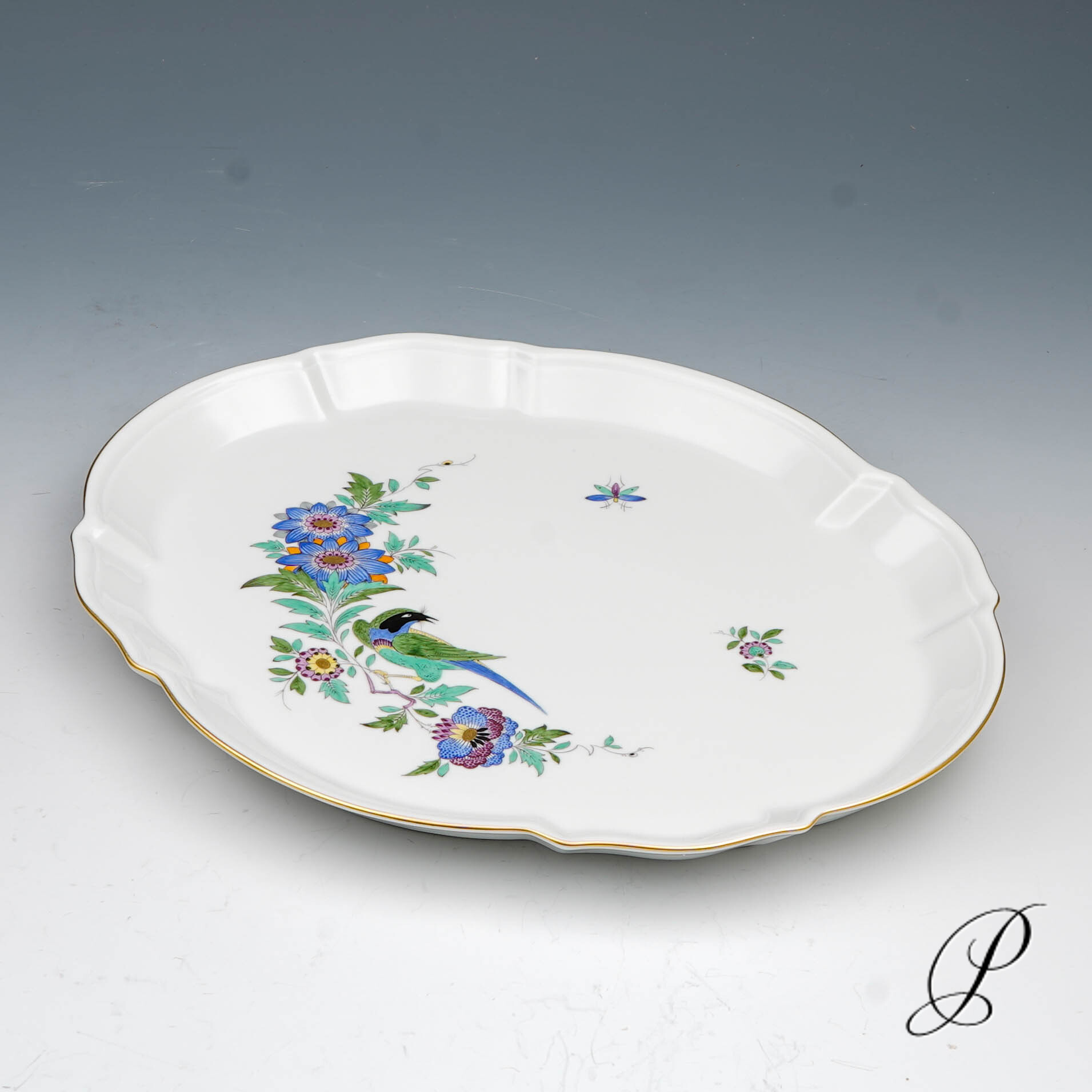 Tablett Meissen 1.Wahl mit Indischer Fels, Blumen und Vogelmalerei – Bild 3