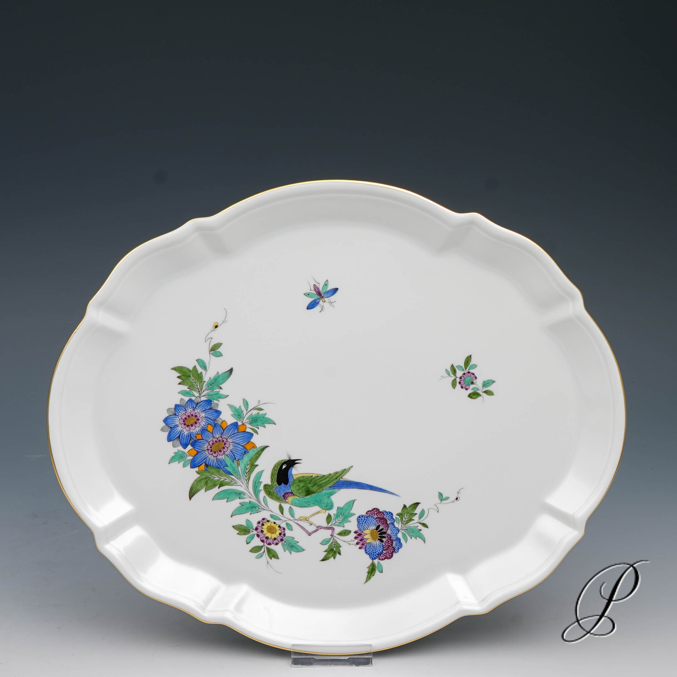 Tablett Meissen 1.Wahl mit Indischer Fels, Blumen und Vogelmalerei