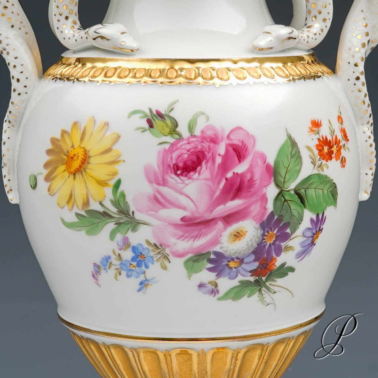 Schlangenhenkelvase Meissen 1.Wahl um 1900 Jhd. mit Blumenbuketts – Bild 4