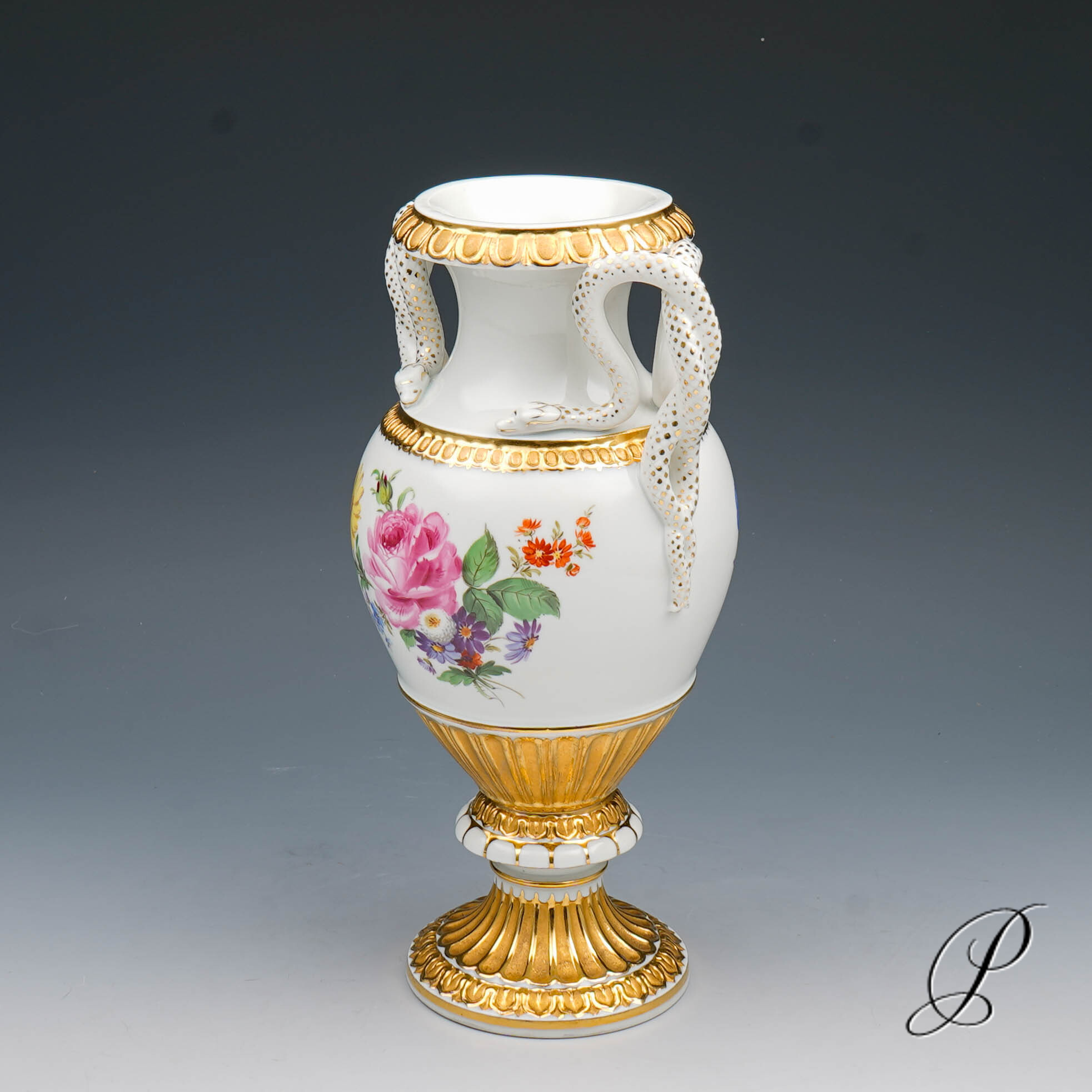 Schlangenhenkelvase Meissen 1.Wahl um 1900 Jhd. mit Blumenbuketts – Bild 6