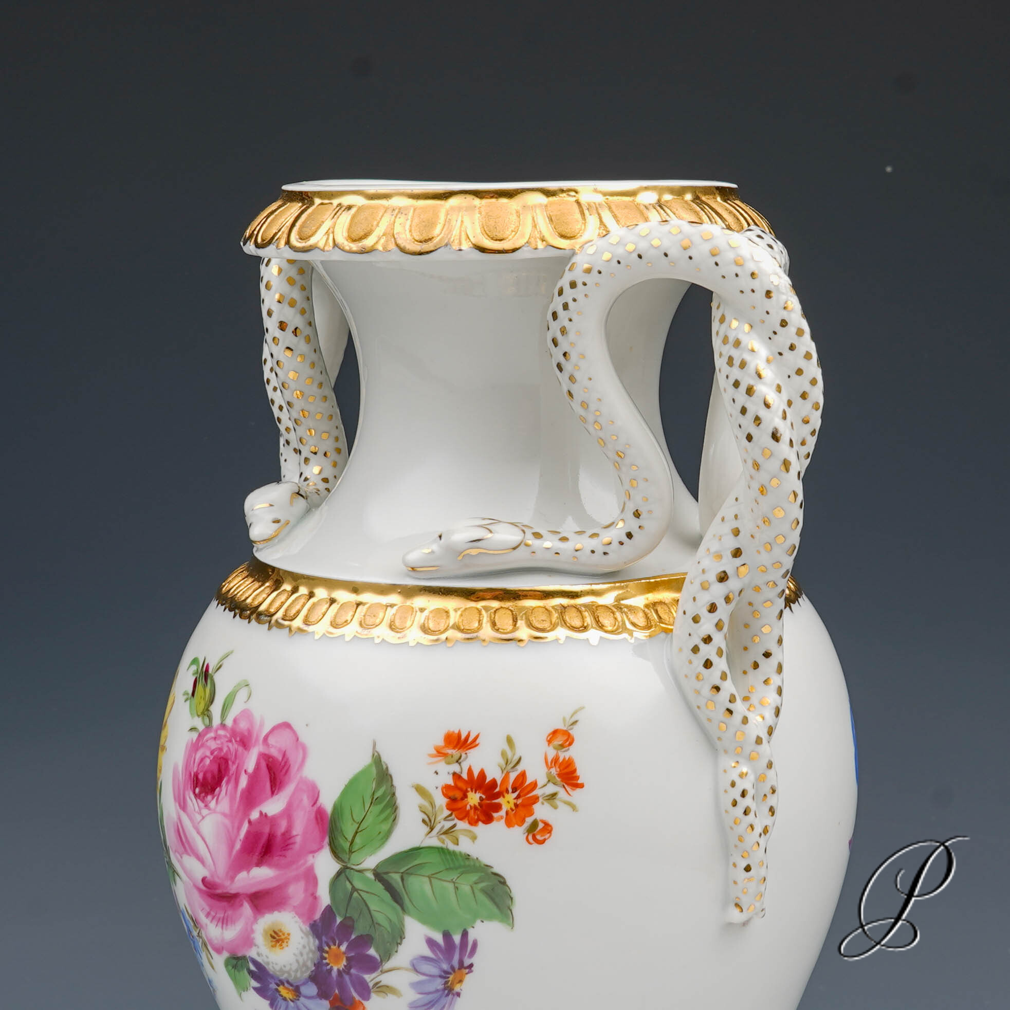 Schlangenhenkelvase Meissen 1.Wahl um 1900 Jhd. mit Blumenbuketts – Bild 7