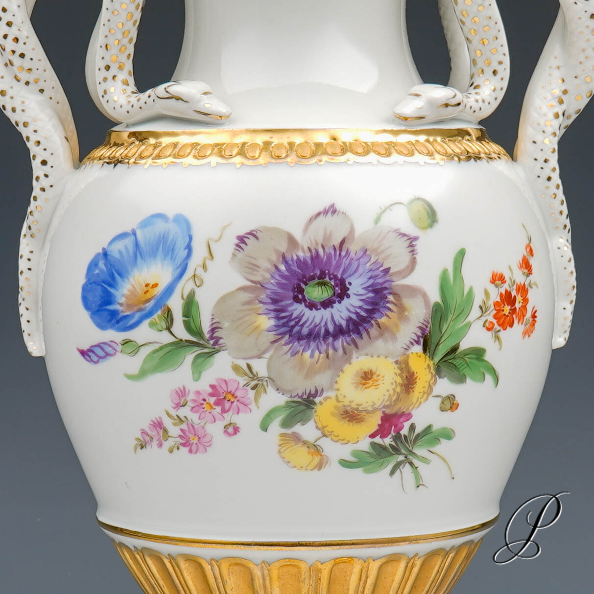 Schlangenhenkelvase Meissen 1.Wahl um 1900 Jhd. mit Blumenbuketts – Bild 12