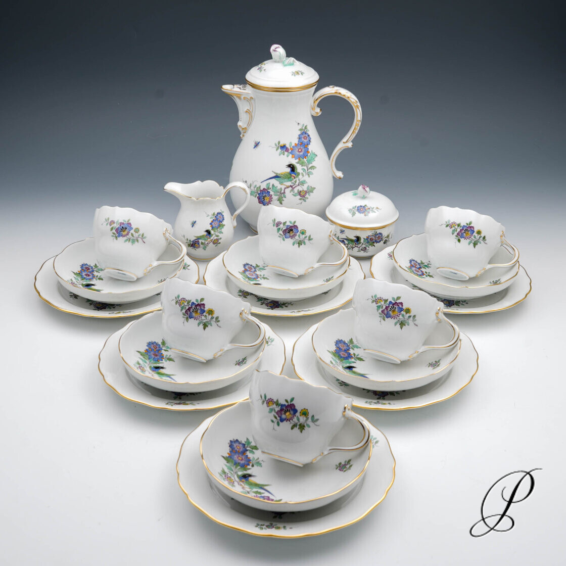 Kaffeeservice Meissen 1.Wahl Indische Fels, Blumen und Vogelmalerei