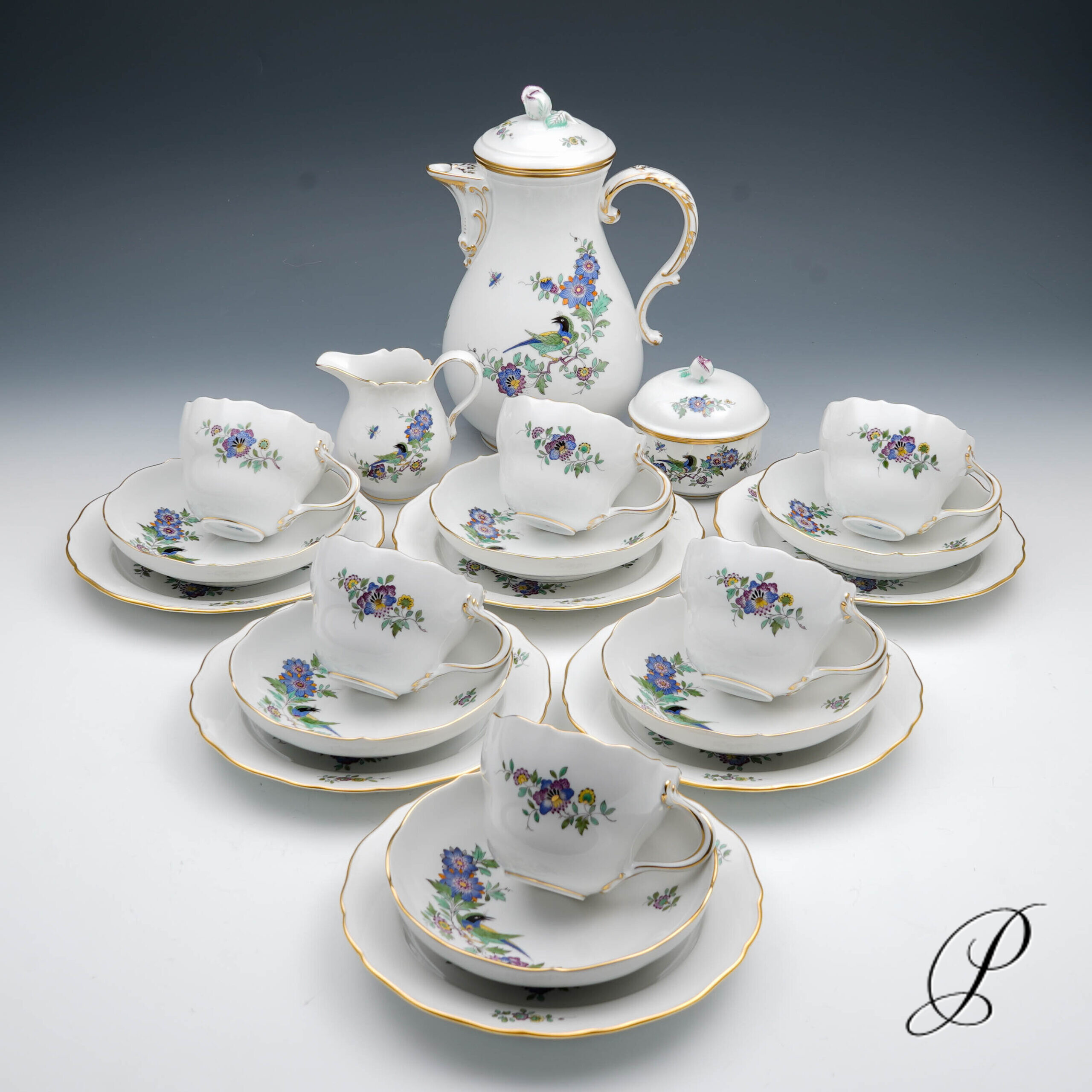 Kaffeeservice Meissen 1.Wahl Indische Fels, Blumen und Vogelmalerei