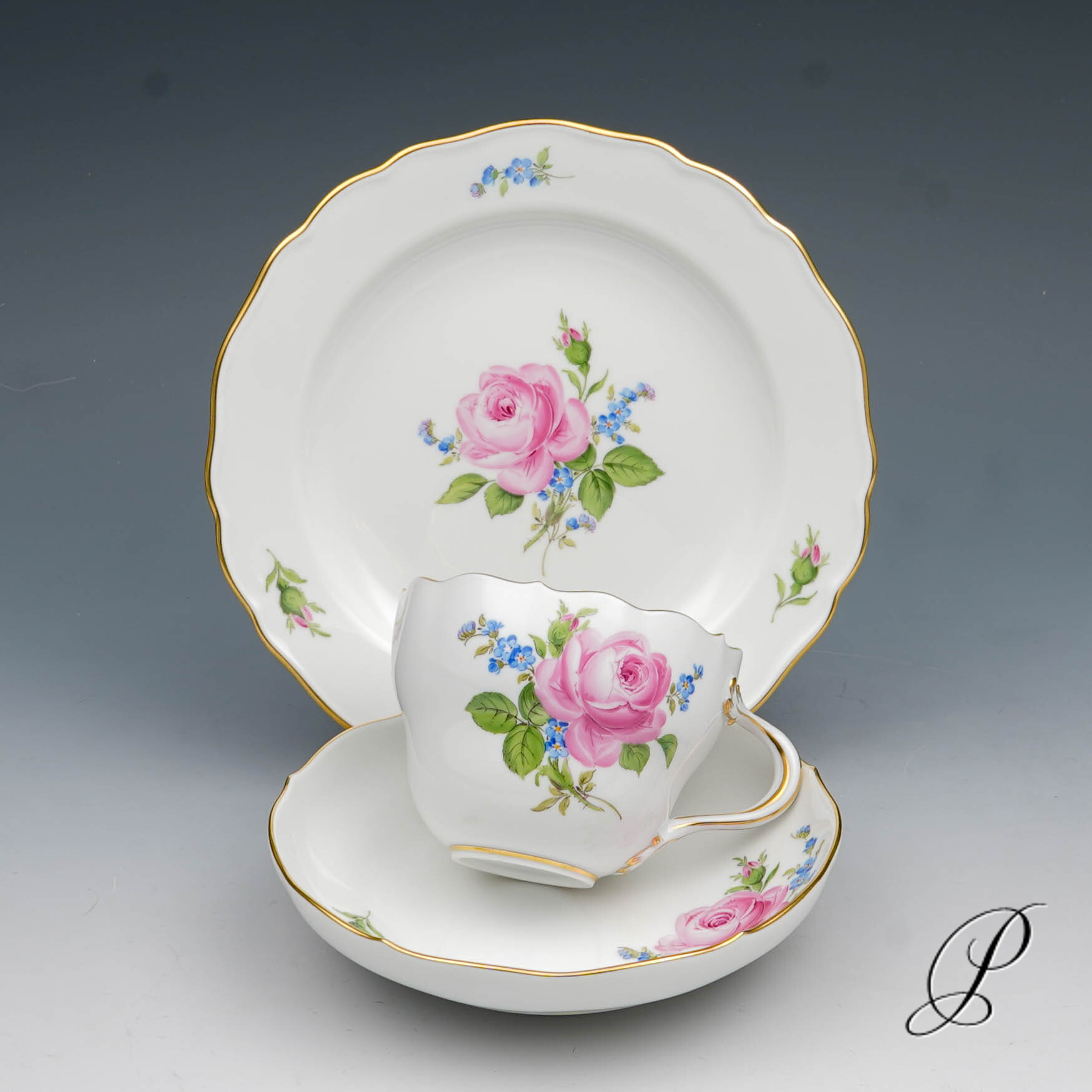 Kaffeegedeck Meissen im Dekor Rote Rose und Vergißmeinnicht