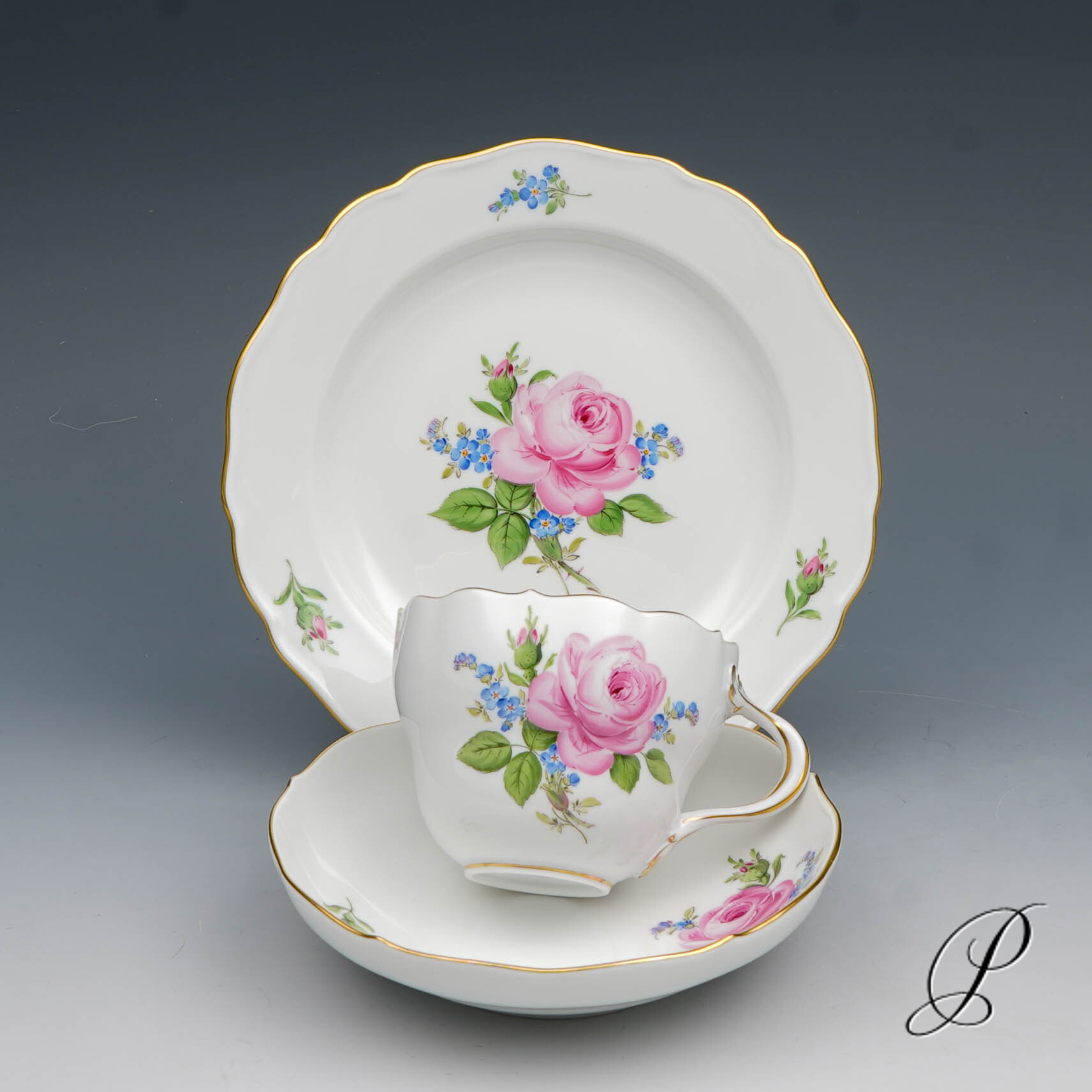 Kaffeegedeck Meissen im Dekor Rote Rose und Vergißmeinnicht