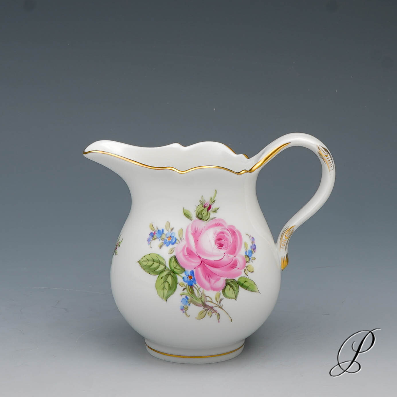Sahnekännchen Meissen im Dekor Rote Rose und Vergißmeinnicht