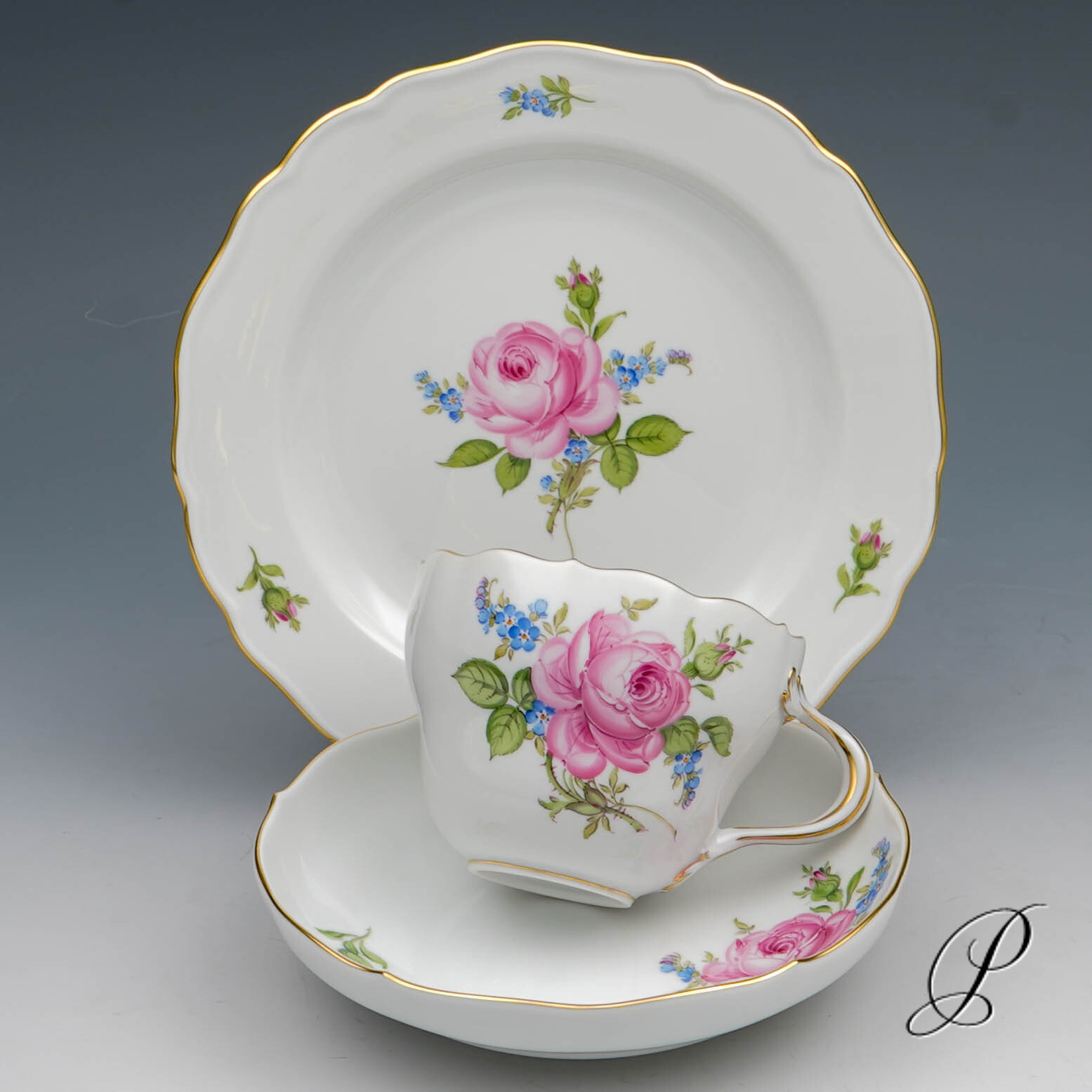 Kaffeegedeck Meissen 1.Wahl im Dekor Rote Rose und Vergißmeinnicht