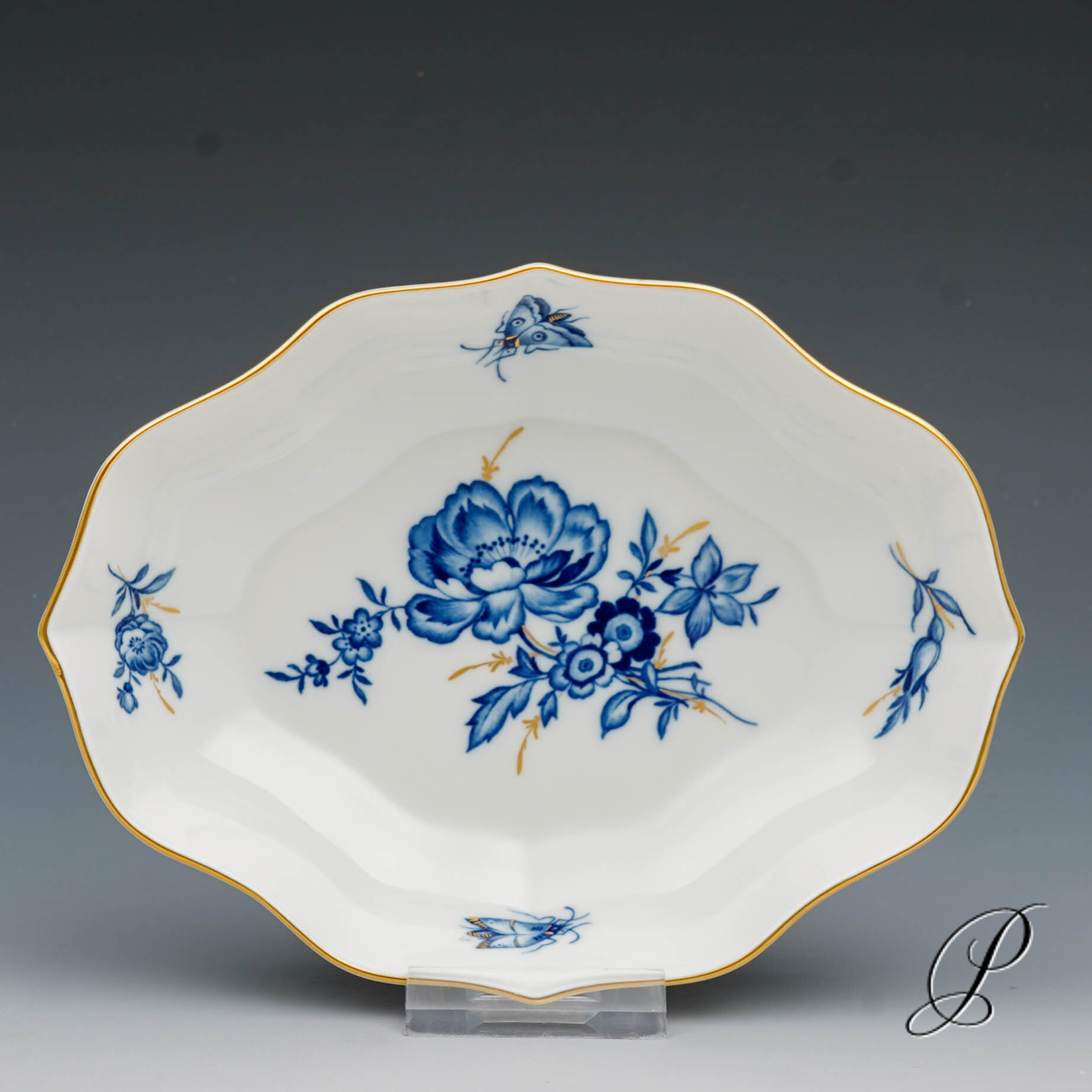 Pralinenschale - Vierpassschale Meissen blaue Blume, Goldgräser und Insekten