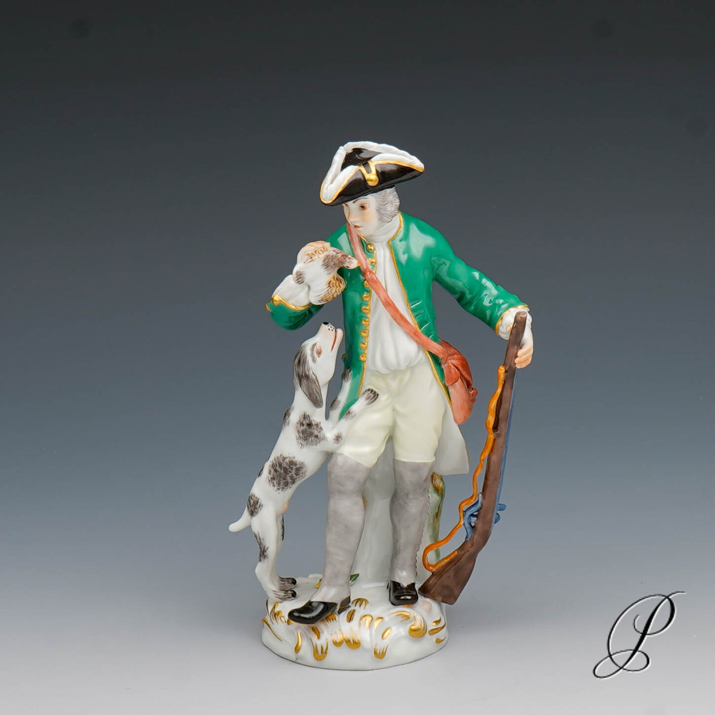 Meissen Figur Pariser Ausrufer "Jäger mit Hund"