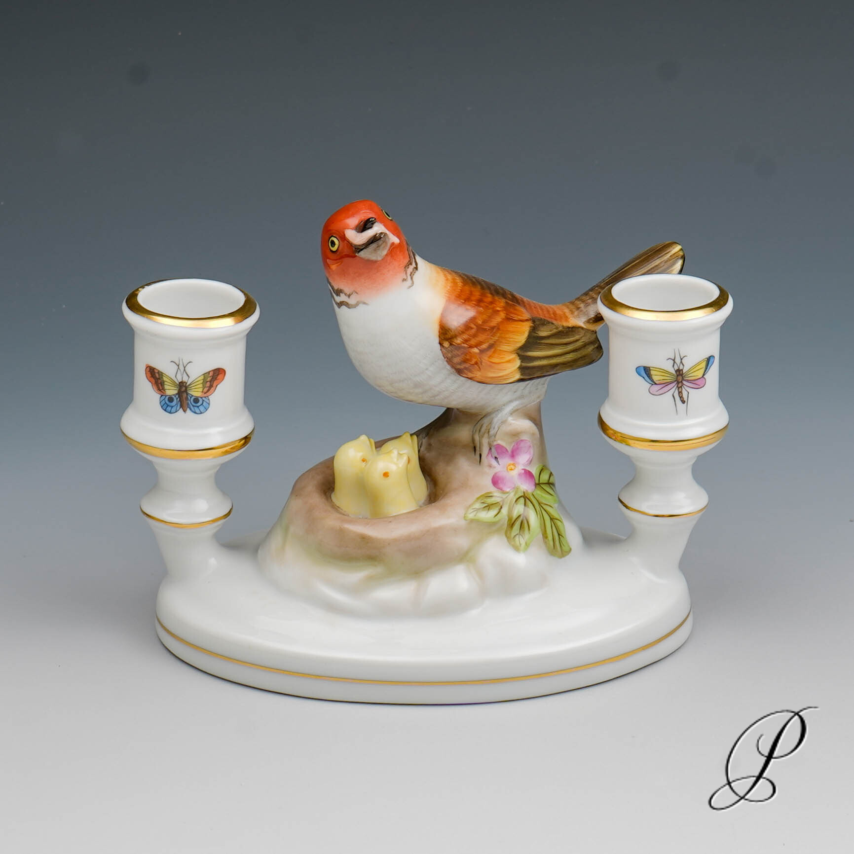 Herend - figürlicher Leuchter mit Vogelnest und Blumen