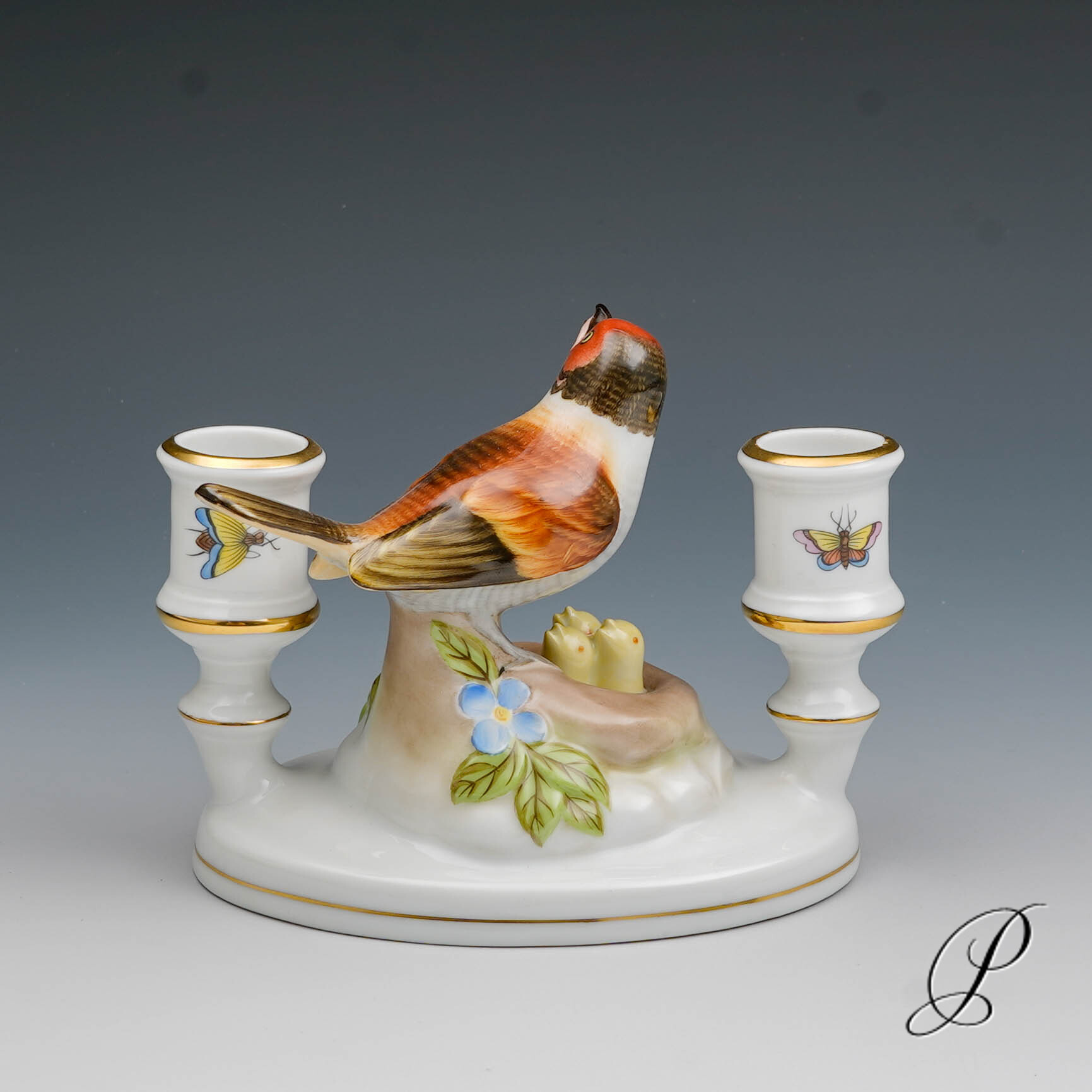 Herend - figürlicher Leuchter mit Vogelnest und Blumen – Bild 5