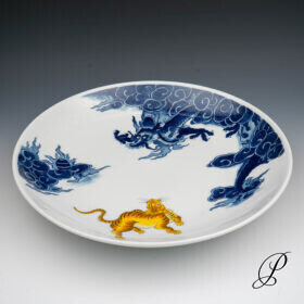 Traumhafte große Schale Meissen "gelber Tiger, Wolken und Drachen" - limitierete Auflage aus der Edition SinnBilder