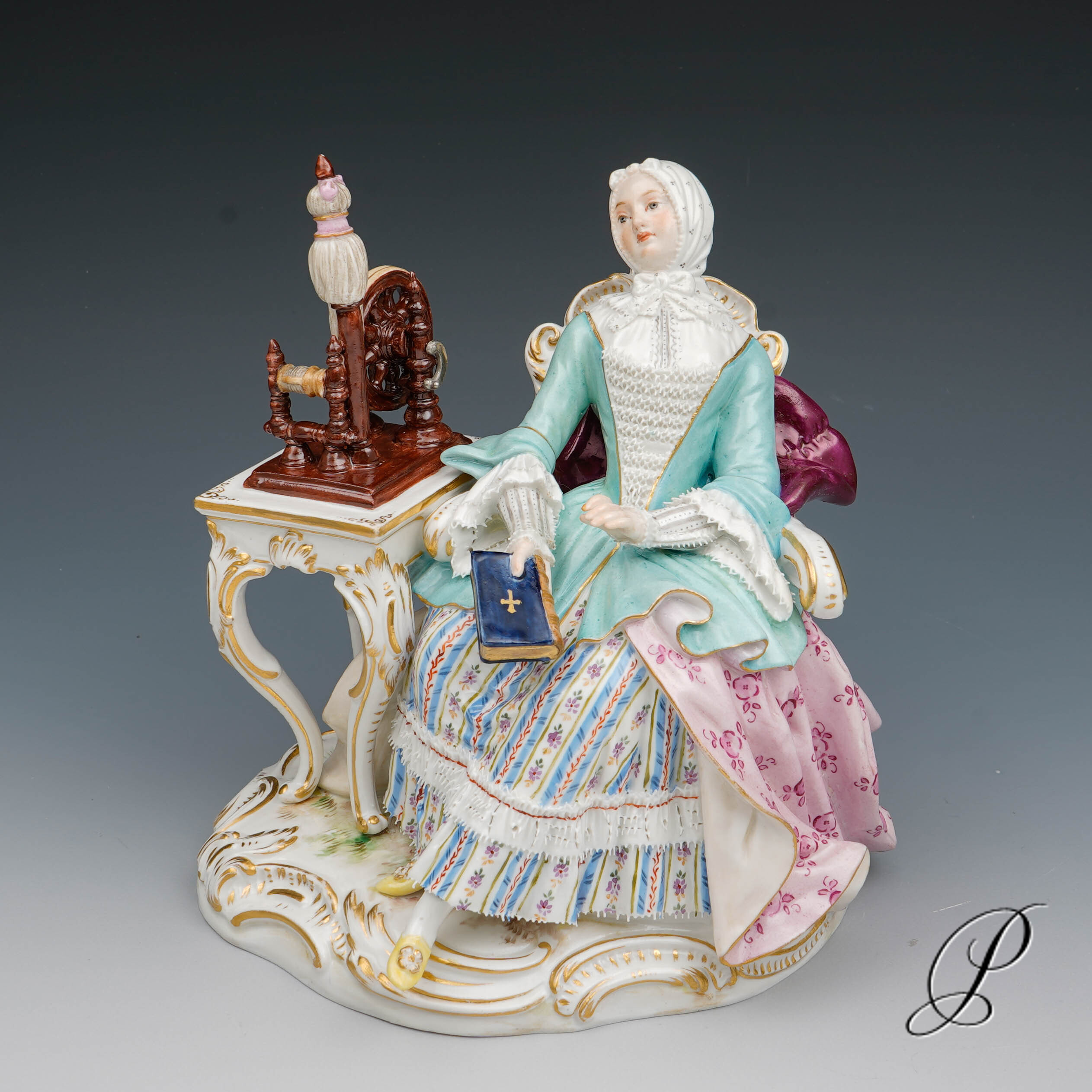 Figur Meissen Knaufzeit " Mädchen am Spinnrad" nach dem Gemälde von Jean-Baptiste Simeon Chardin