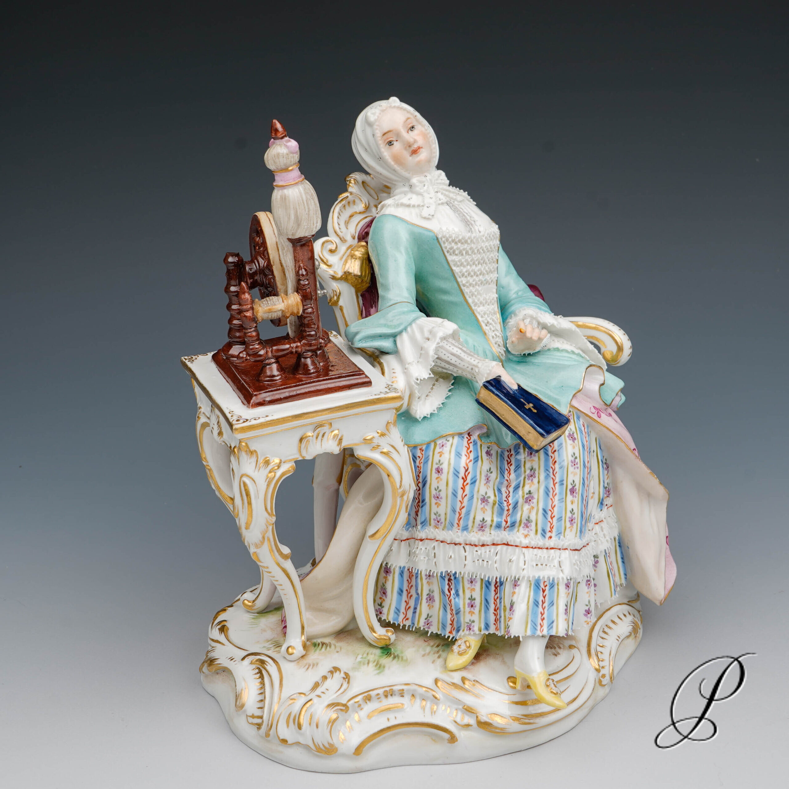 Figur Meissen Knaufzeit " Mädchen am Spinnrad" nach dem Gemälde von Jean-Baptiste Simeon Chardin – Bild 8