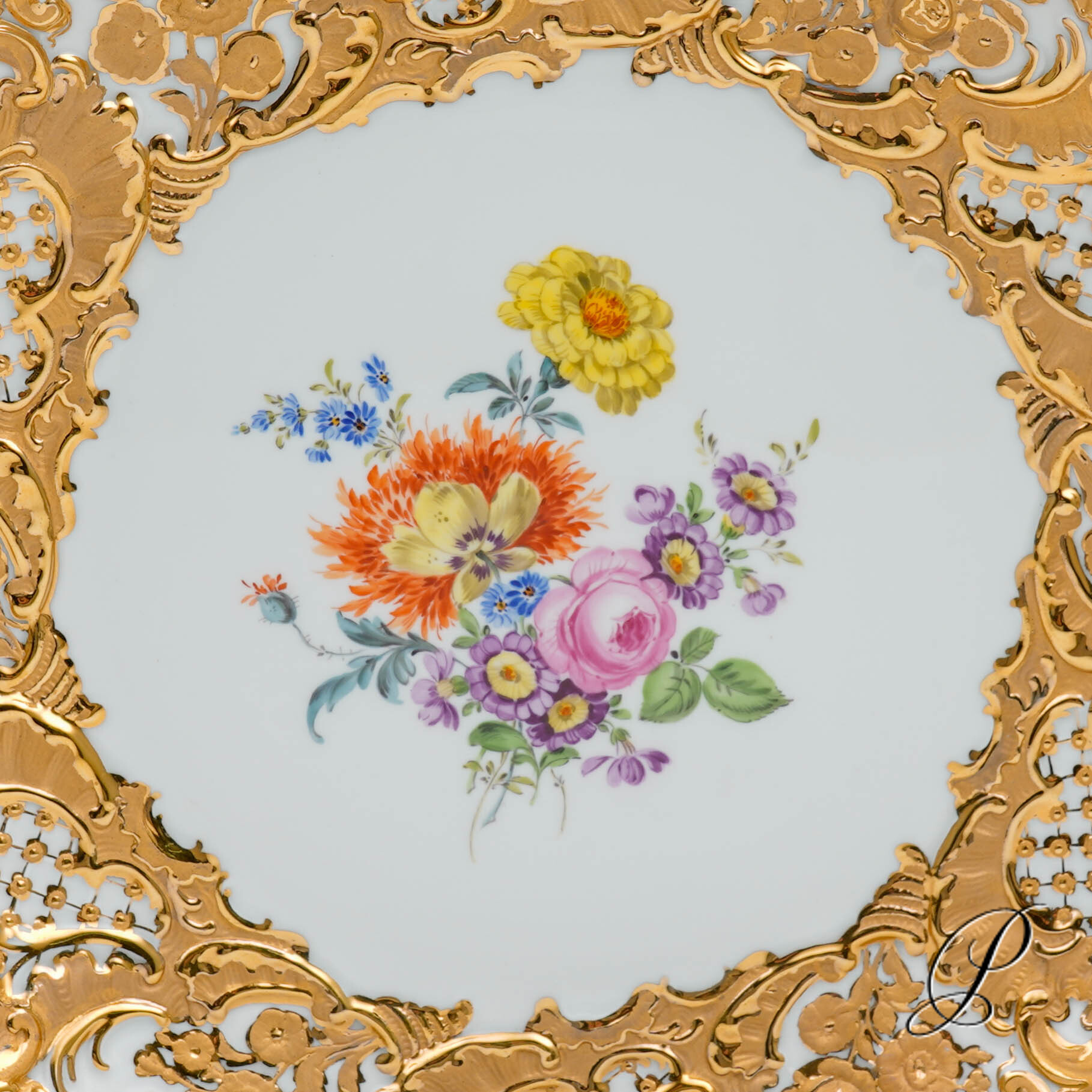 großer Prunkteller Meissen Blumenbukett – Bild 4