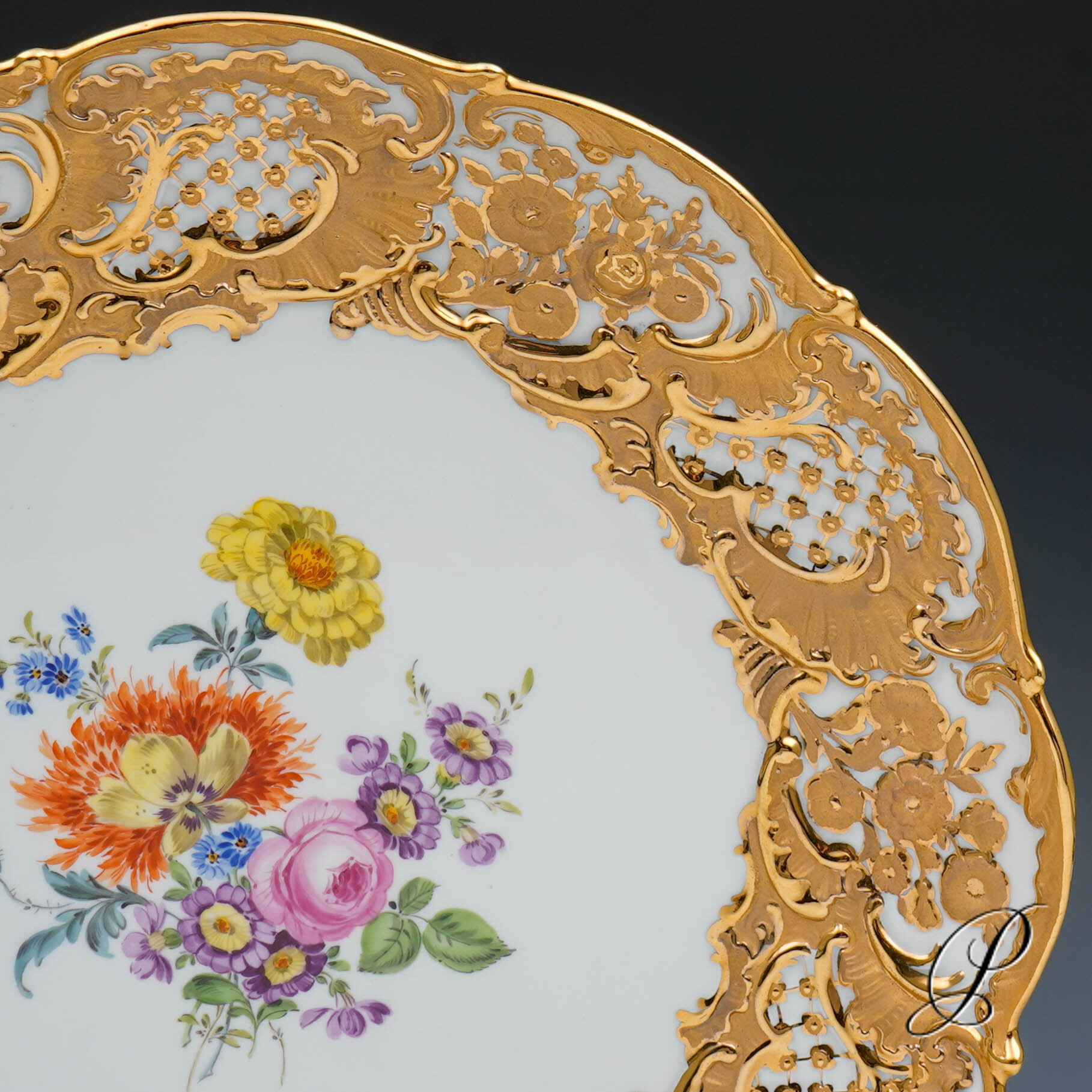 großer Prunkteller Meissen Blumenbukett – Bild 5