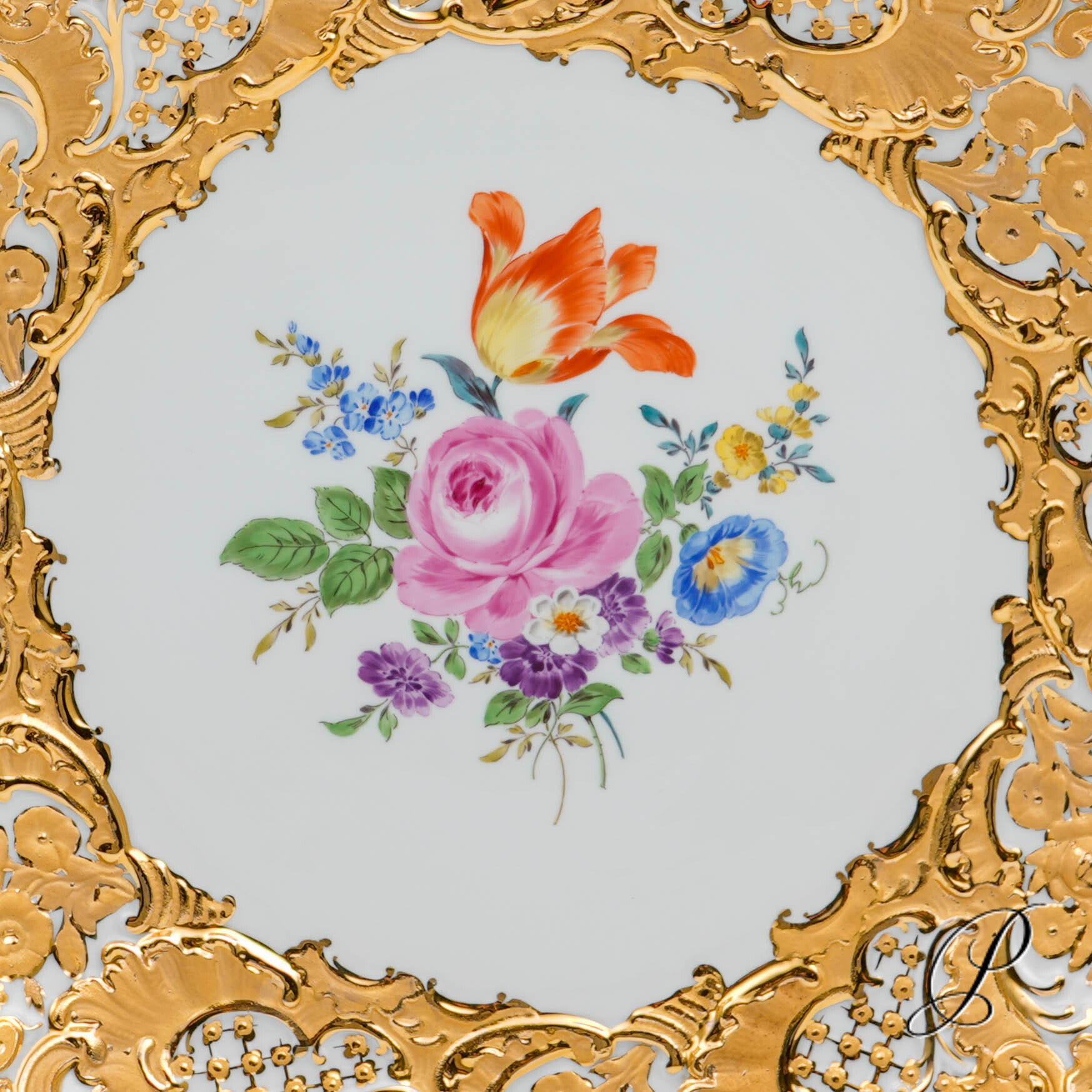 großer Prunkteller Meissen Blumenbukett – Bild 4