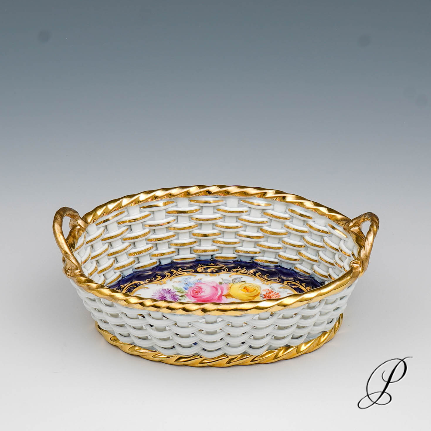 Korb Meissen Knaufzeit um 1900 Jhd. Kobaltblau mit Blumenbukett – Bild 2