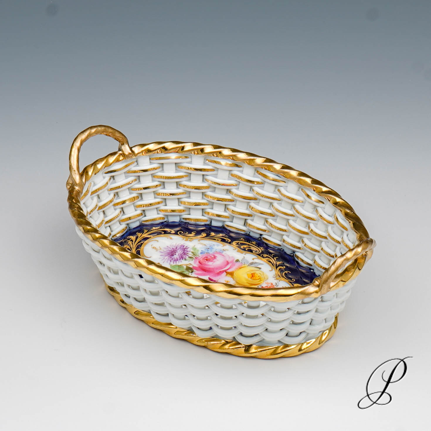 Korb Meissen Knaufzeit um 1900 Jhd. Kobaltblau mit Blumenbukett