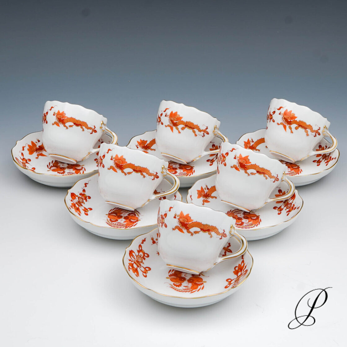 6 Mokkagedecke Meissen 1.Wahl Reicher Drache Rot