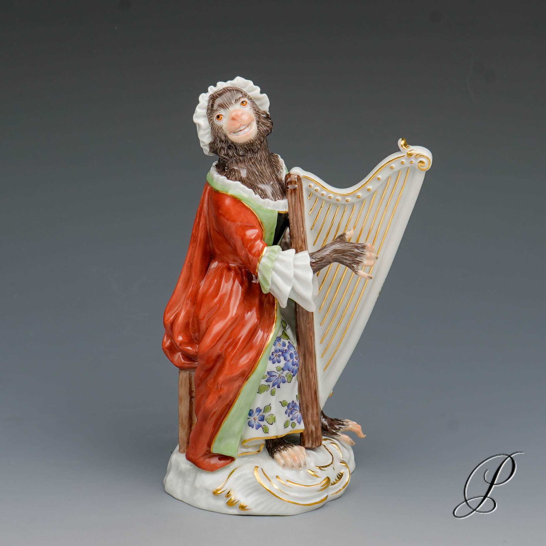 Figur Meissen 1.Wahl aus der Affenkapelle die Harfenistin
