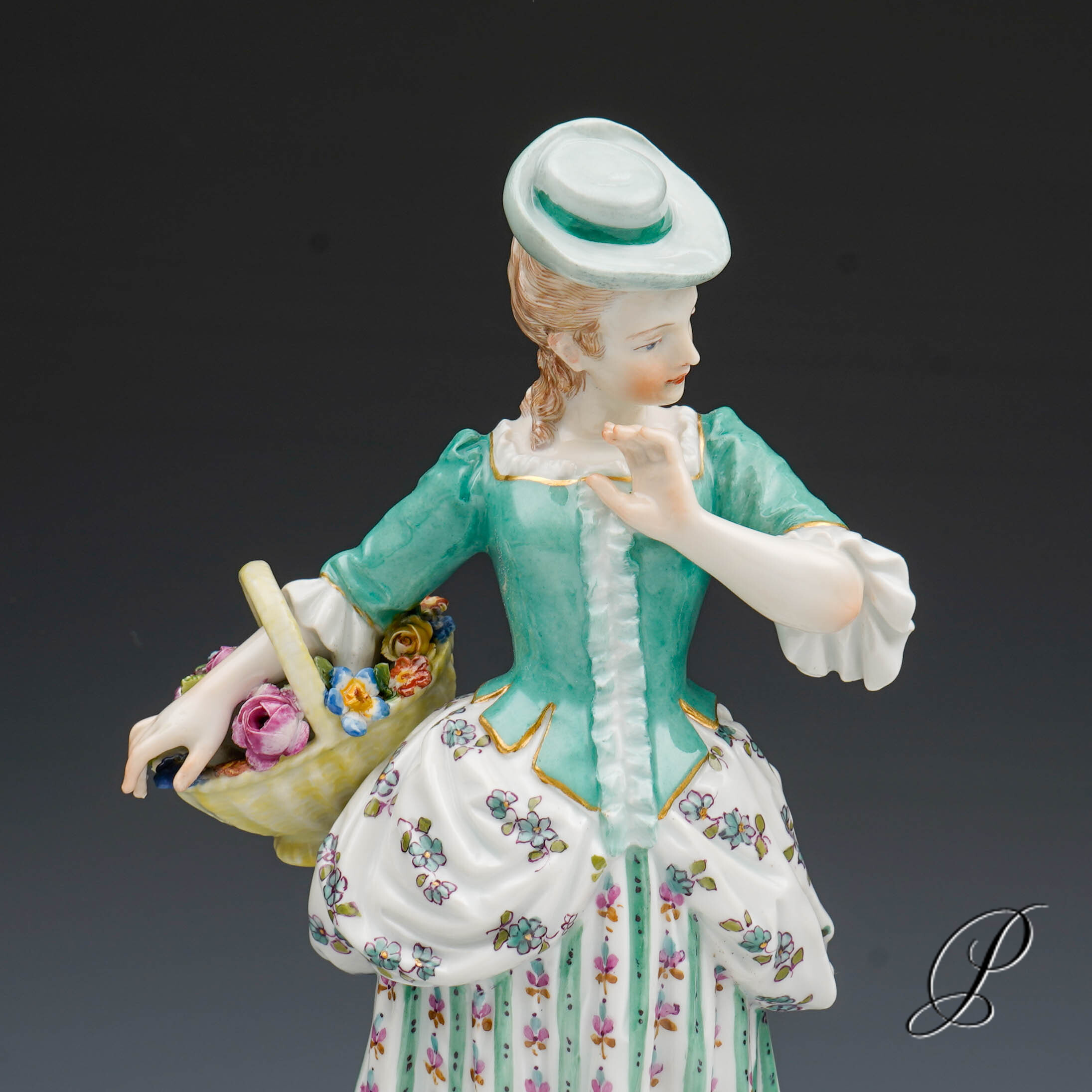 wunderschöne und seltene Figur Meissen "Dame mit Blumenkorb" von August Herzig – Bild 3