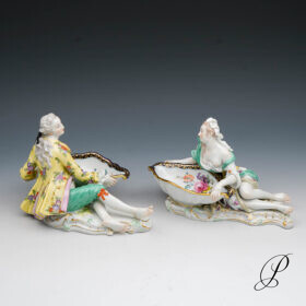2 Figuren Meissen 1.Wahl "Frau und Mann an Schale" A-Kante Blumenbukett
